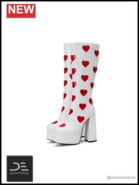 Large Size Knee High Boots with Block Heel White Red Patent Leather